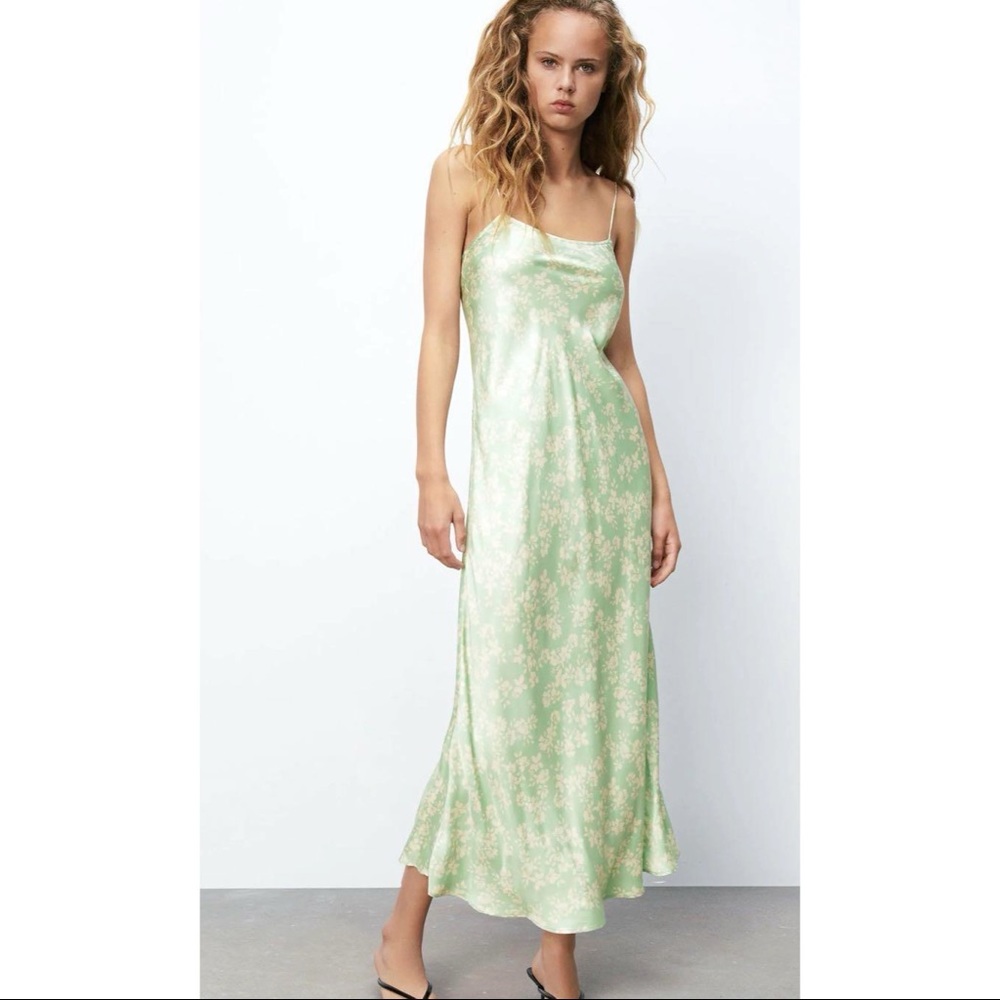 Zara floral satin dress in green